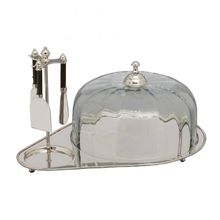 PRATO PARA QUEIJO DE AÇO INOX COM TAMPA DE VIDRO E 3 FACAS PARA QUEIJO