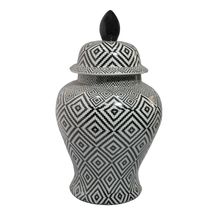 Potiche Redondo De Cerâmica Com Tampa E Desenho Geométrico Preto