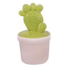Pote De Ceramica Com Tampa Em Forma De Cactos Verde E Branco 10,5x18cm