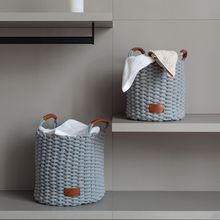 Cesto De Corda De Algodão Cinza Com Alça De Couro 38xh38cm