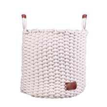 Cesto De Corda Algodão Branco Com Alça De Couro 38xh38cm