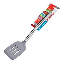 ESPATULA VAZADA DE SILICONE COM CABO INOX CINZA