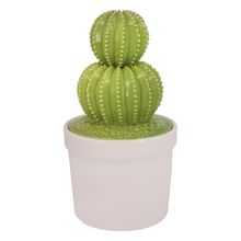 Pote De Ceramica Com Tampa Em Forma De Cactos Verde E Branco 11,5x21cm