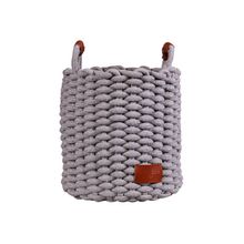 Cesto De Corda De Algodão Cinza Com Alça De Couro 34xh34cm