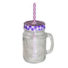 Copo De Vidro Country Fair Com Canudo E Tampa Roxa 450ml