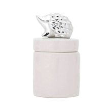 Potiche Decorativo Marmota Em Cerâmica Branca E Prata