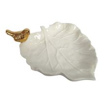 PEÇA DECORATIVA AUTUMN LEAF BRANCA EM CERÂMICA COM PASSARINHO DOURADO