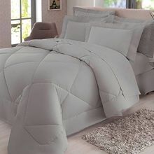 Jogo Lencol Queen Cinza Com Rolotê Branco 300f 2,60mx2,50m