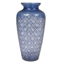 Vaso De Vidro Azul E Branco Decorativo 17x32cm