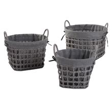 CONJUNTO DE CESTOS REDONDOS DE PAPEL TRANÇADO E TECIDO CINZA 3 PEÇAS