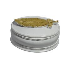 CAIXA EM MDF OVAL DECORATIVA BRANCA FOLHA DOURADA