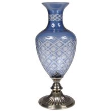 VASO DECORATIVO DE VIDRO AZUL E BRANCO COM PÉ DE METAL 17X46CM